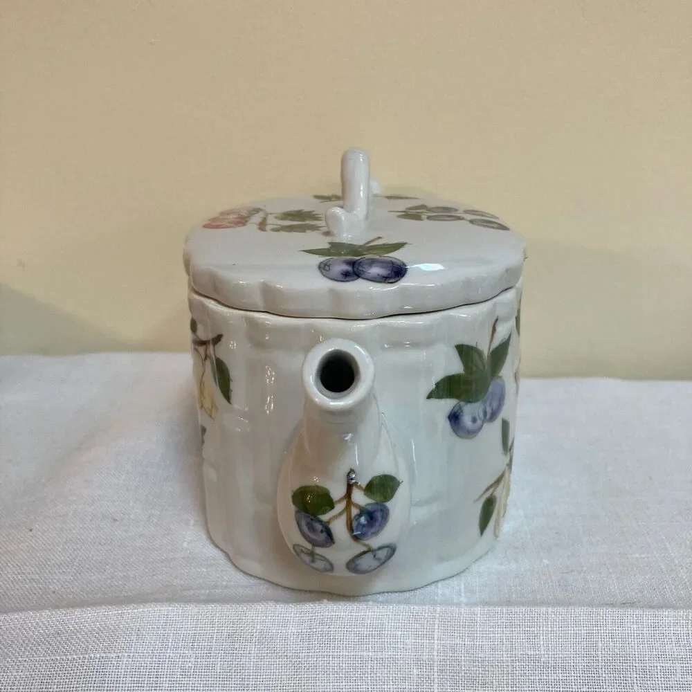 Vintage 90s Tea Pot with Painted Fruit and Berries with Elephant Trunk Spout EUC